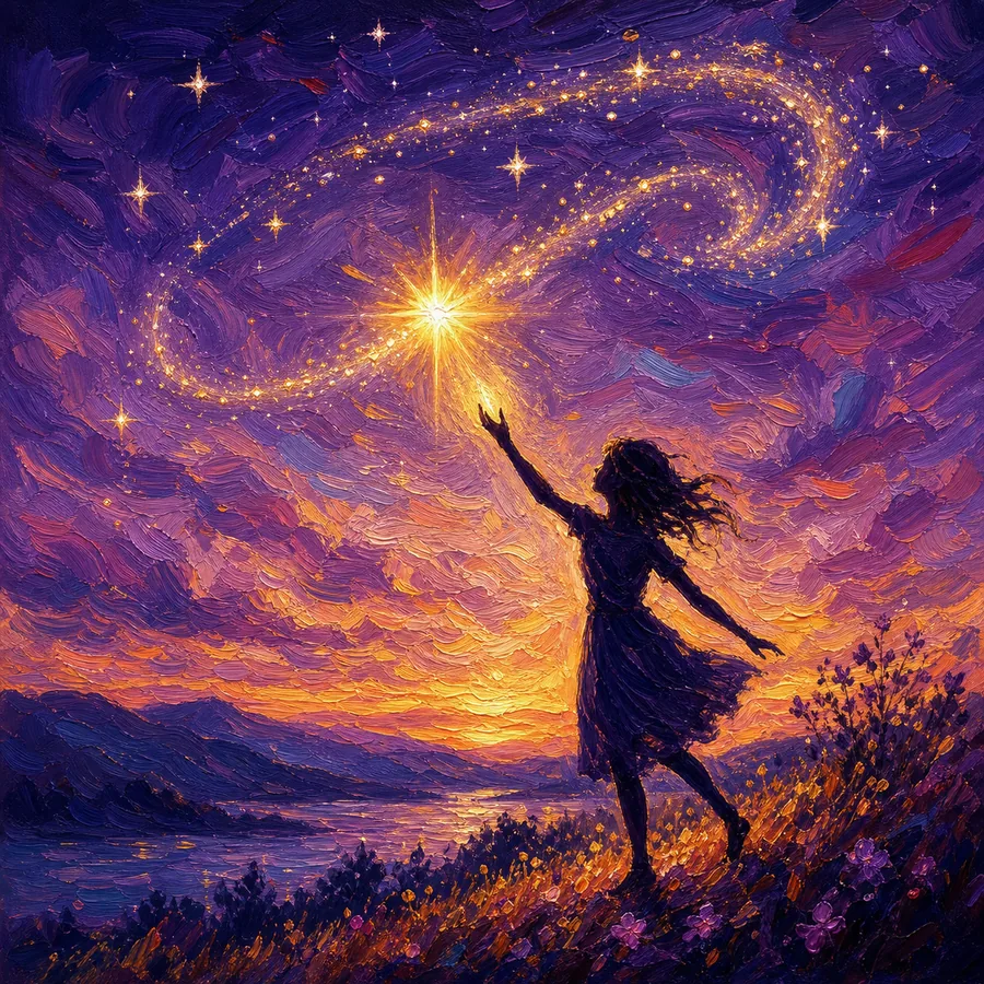 夕空の輝く星へ手を伸ばすシルエットの油彩イメージ